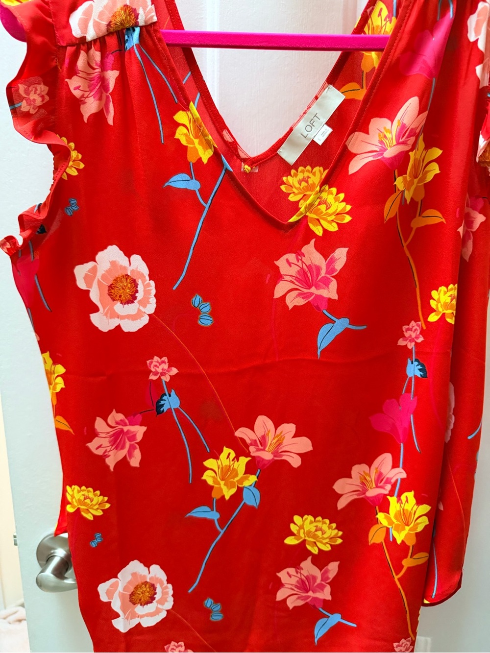 LOFT Red Floral V-Neck Camisole with Yellow & Blue Accents